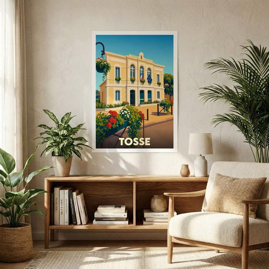 Affiche souvenir de la ville de Tosse avec une illustration colorée et stylisée de sa mairie fleurie.