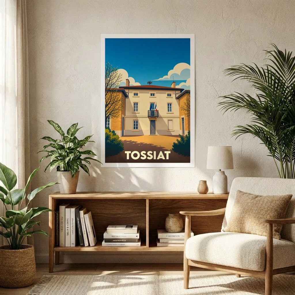 Affiche souvenir de la ville de Tossiat avec une illustration stylisée de son architecture locale.