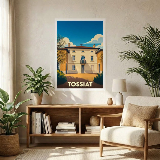 Affiche souvenir de la ville de Tossiat avec une illustration stylisée de son architecture locale.