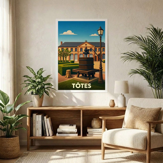 Affiche souvenir de la ville de Tôtes avec une illustration stylisée représentant un pressoir à pommes traditionnel.