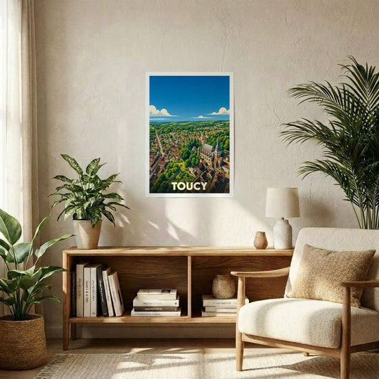 Affiche souvenir de la ville de Toucy illustrant un paysage urbain verdoyant sous un ciel bleu.