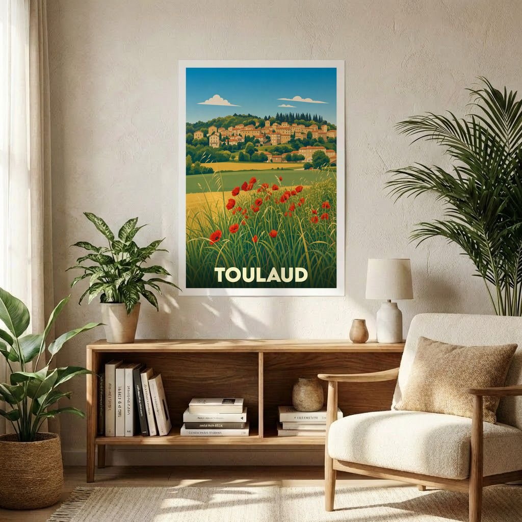 Affiche souvenir de la ville de Toulaud avec une illustration stylisée d'un paysage champêtre.
