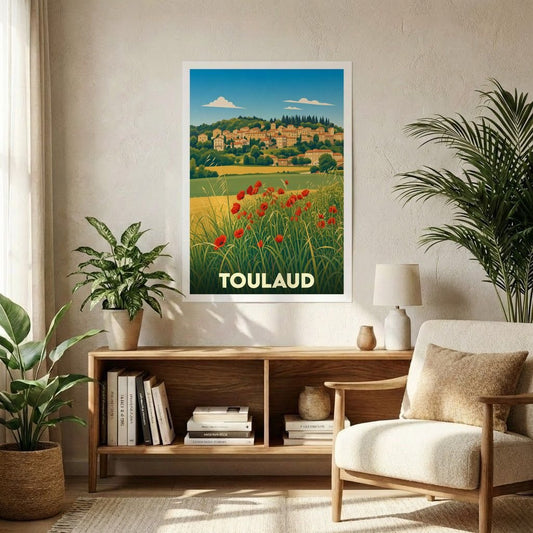 Affiche souvenir de la ville de Toulaud avec une illustration stylisée d'un paysage champêtre.