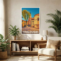 Affiche souvenir de la ville de Toulouges avec une illustration stylisée et colorée de son architecture.