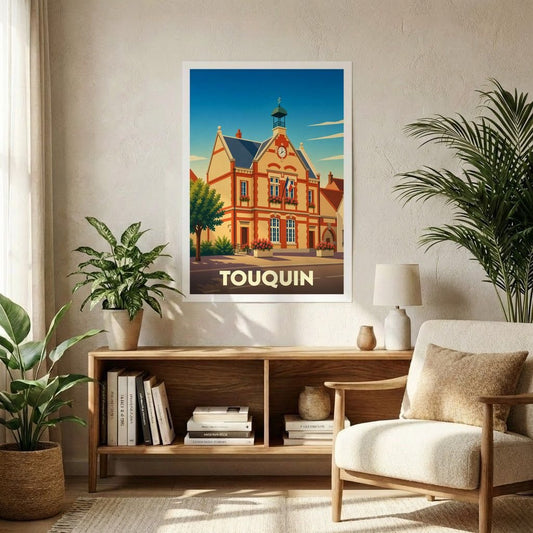 Affiche souvenir de la ville de Touquin avec une illustration stylisée de sa mairie.