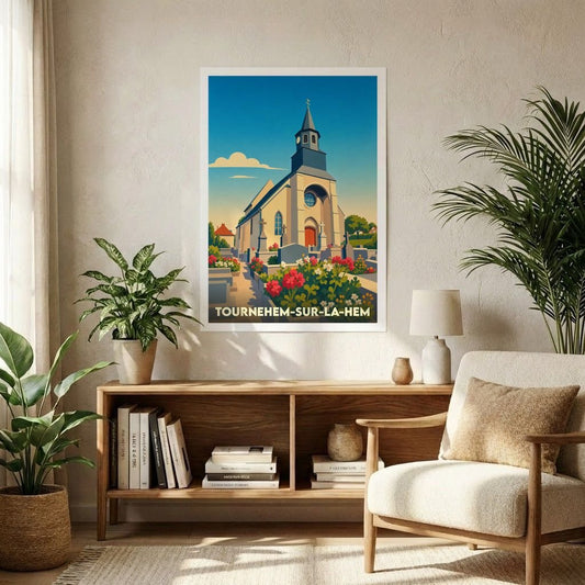 Affiche souvenir de la ville de Tournehem-sur-la-Hem avec une illustration stylisée de son église fleurie.