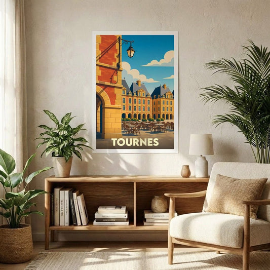 Affiche souvenir de la ville de Tournes avec une illustration stylisée représentant une place animée.
