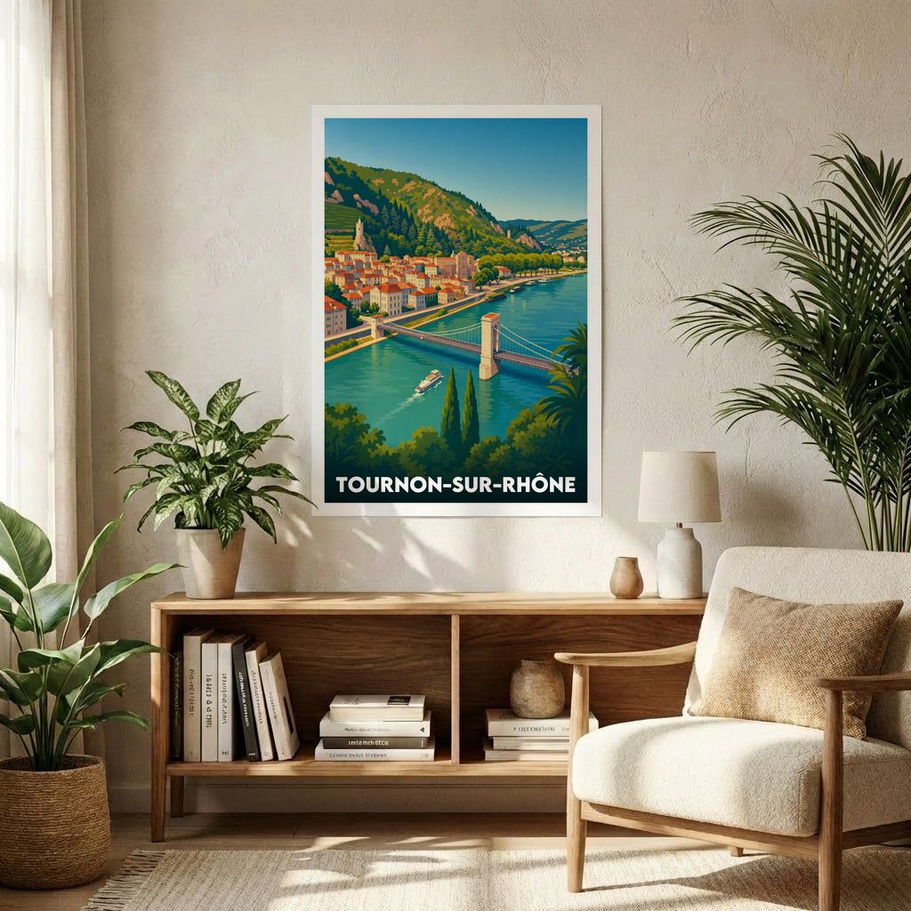Affiche souvenir de la ville de Tournon-sur-Rhône avec une illustration stylisée de son pont et de son paysage fluvial.