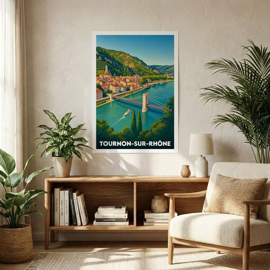 Affiche souvenir de la ville de Tournon-sur-Rhône avec une illustration stylisée de son pont et de son paysage fluvial.
