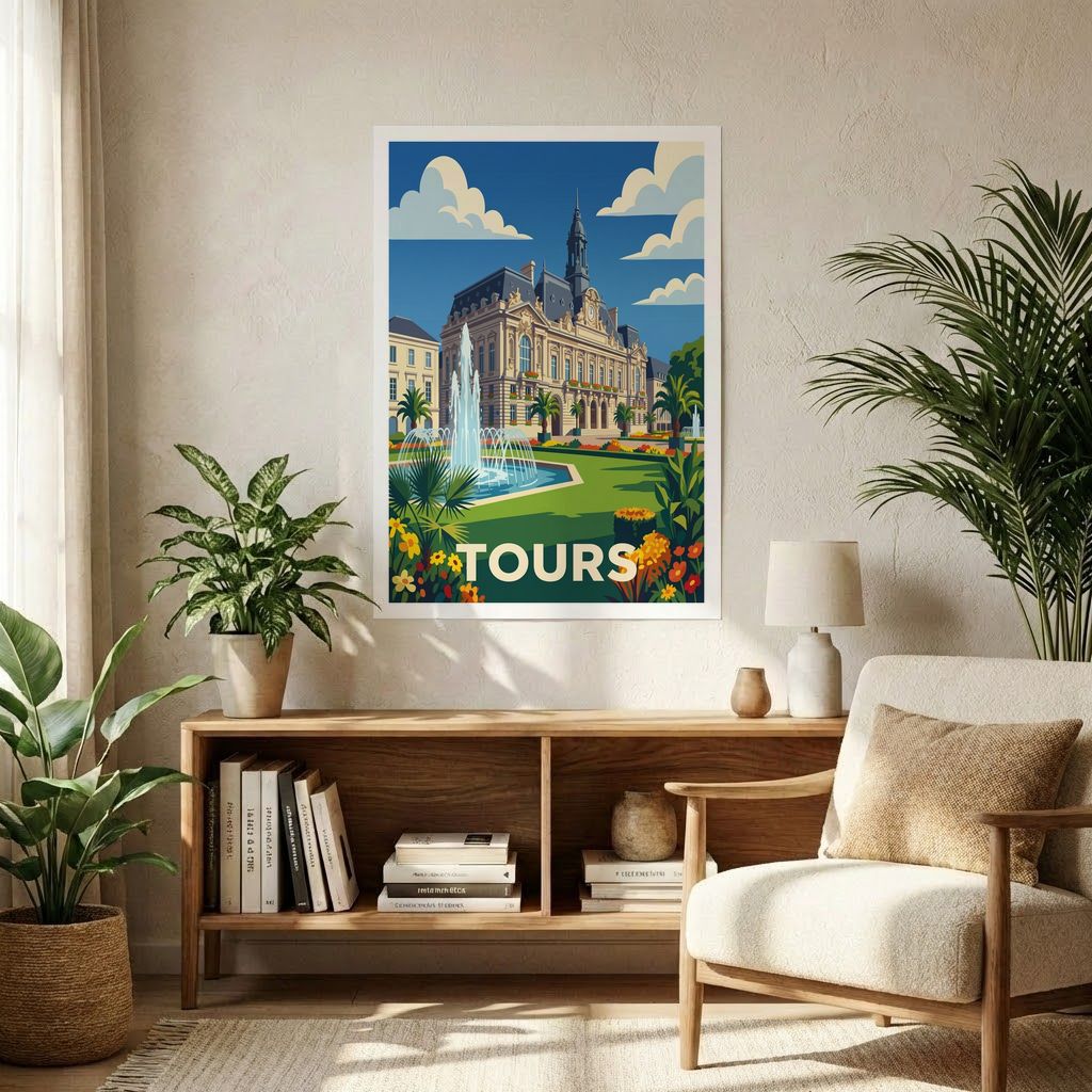 Affiche souvenir de la ville de Tours avec une illustration stylisée.