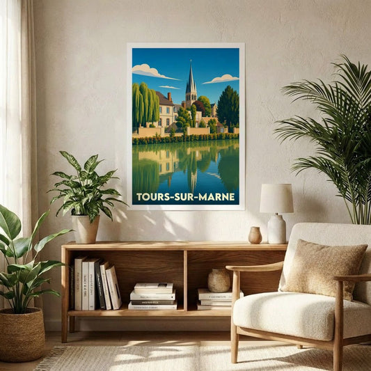 Affiche souvenir de la ville de Tours-sur-Marne présentant une illustration stylisée des bords de l'eau.