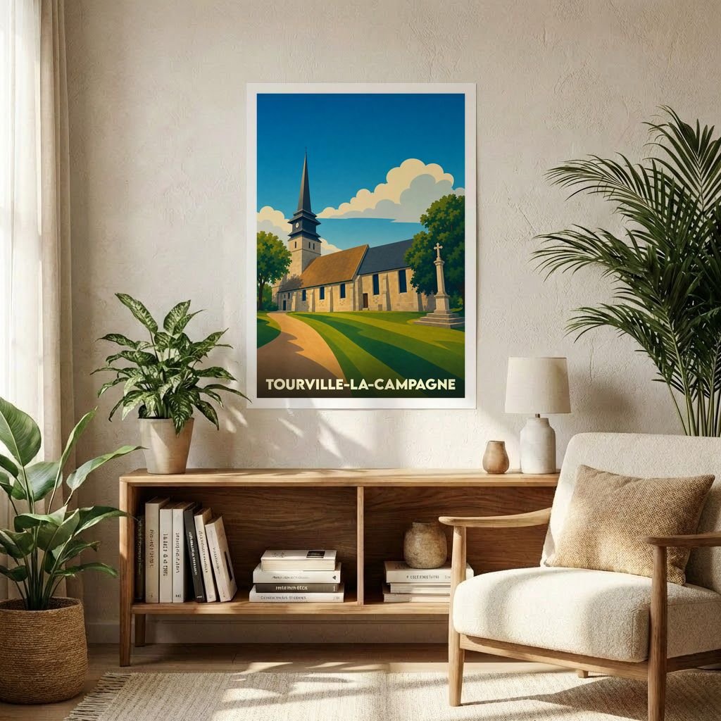 Affiche souvenir de la ville de Tourville-la-Campagne avec une illustration stylisée de son église.