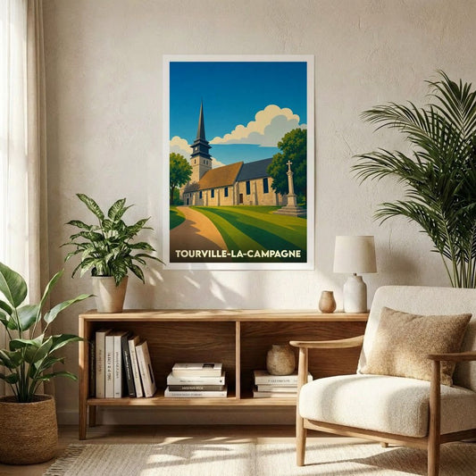 Affiche souvenir de la ville de Tourville-la-Campagne avec une illustration stylisée de son église.
