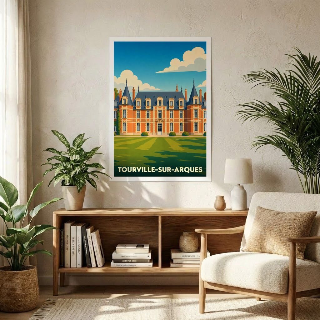 Affiche souvenir de la ville de Tourville-sur-Arques avec une illustration stylisée du château de Miromesnil.