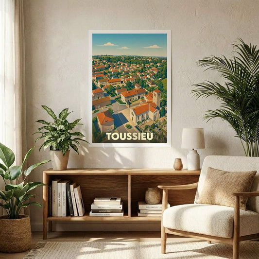 Affiche souvenir de la ville de Toussieu avec une illustration stylisée vue du ciel.