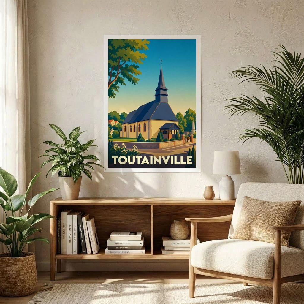Affiche souvenir de la ville de Toutainville avec une illustration stylisée de son église.