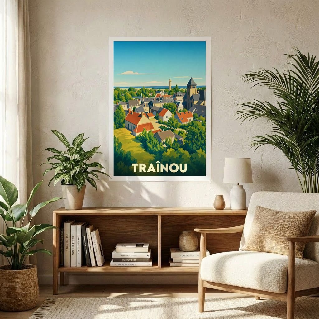 Affiche souvenir de la ville de Traînou avec une illustration stylisée et colorée de ses paysages.