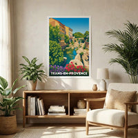 Affiche souvenir de la ville de Trans-en-Provence avec une illustration stylisée et colorée.