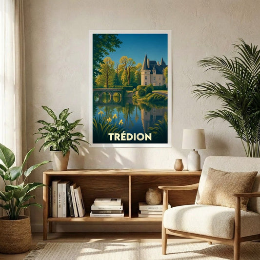 Affiche souvenir de la ville de Trédion avec une illustration stylisée d'un château au bord de l'eau.