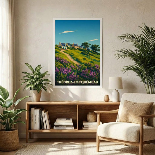Affiche souvenir de la ville de Trédrez-Locquémeau représentant un paysage côtier breton dans un style graphique épuré.