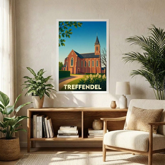 Affiche souvenir de la ville de Treffendel illustrant son église dans un style graphique et épuré.