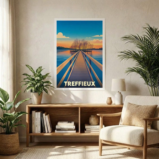 Affiche souvenir de la ville de Treffieux avec une illustration stylisée d'un ponton sur un lac au coucher du soleil.