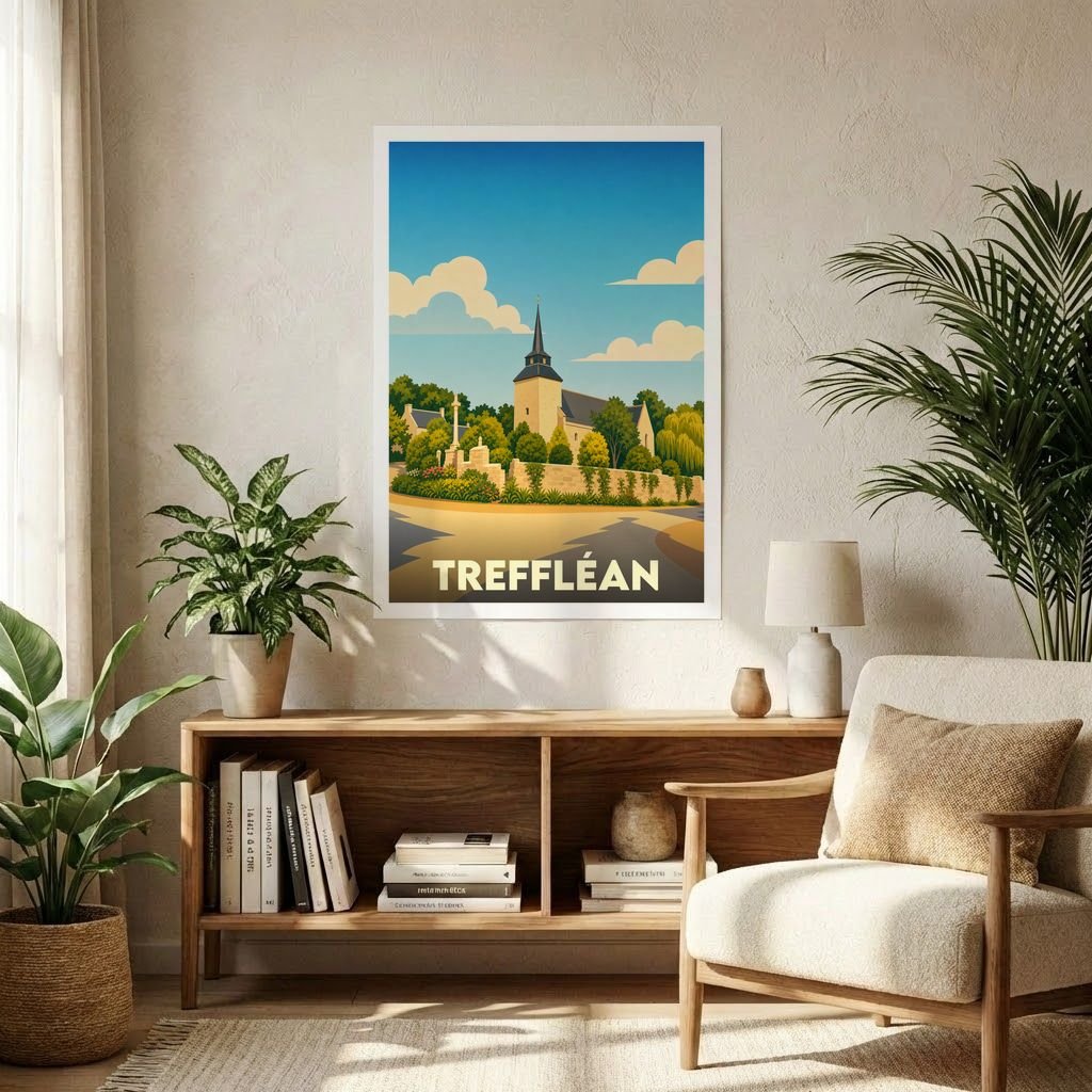 Affiche souvenir de la ville de Treffléan avec une illustration stylisée de son église et de ses paysages.