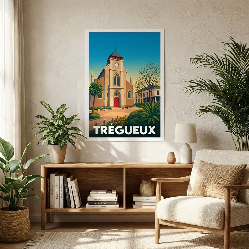 Affiche souvenir de la ville de Trégueux illustrant son église dans un style graphique épuré.