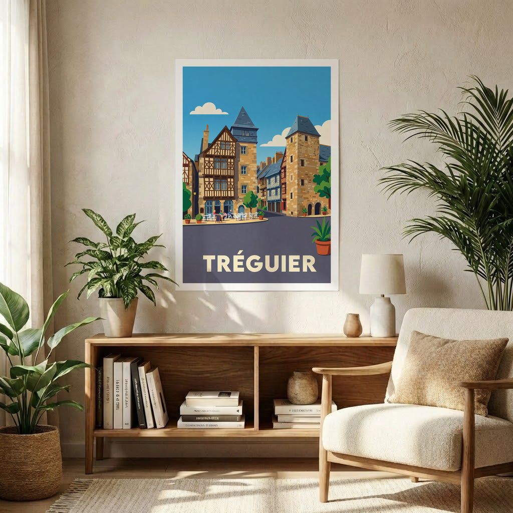 Affiche souvenir de la ville de Tréguier avec une illustration stylisée.