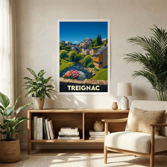 Affiche souvenir de la ville de Treignac présentant une illustration colorée et stylisée de son paysage pittoresque.