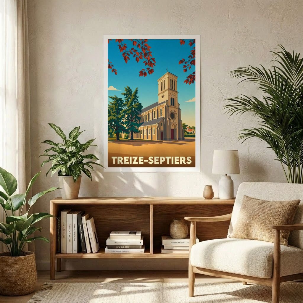 Affiche souvenir de la ville de Treize-Septiers illustrant son église dans un style vintage coloré.