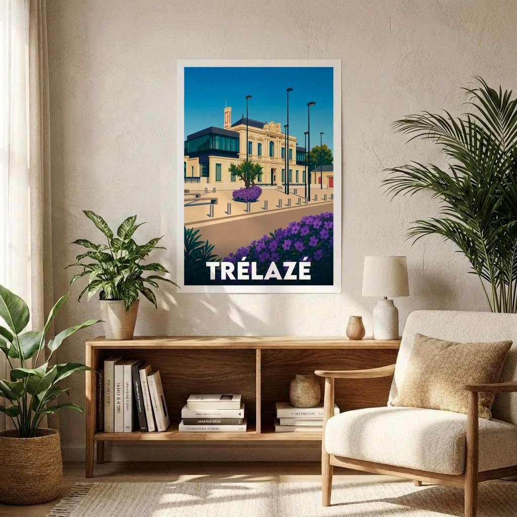 Affiche souvenir de la ville de Trélazé avec une illustration stylisée.