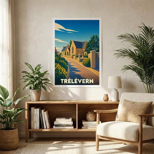 Affiche souvenir de la ville de Trélévern illustrant une rue pittoresque avec son église dans un style graphique épuré.