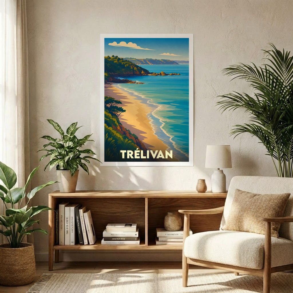 Affiche souvenir de la ville de Trélivan illustrant une plage côtière dans un style graphique rétro.