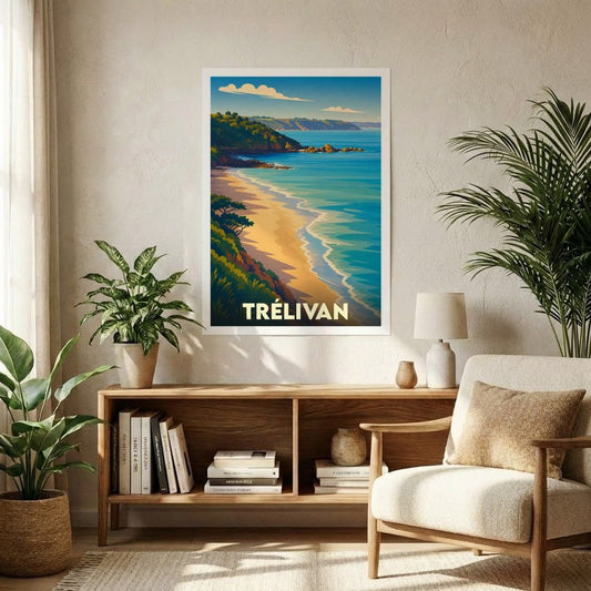 Affiche souvenir de la ville de Trélivan illustrant une plage côtière dans un style graphique rétro.