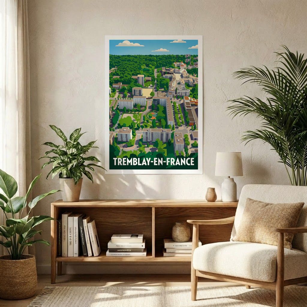 Affiche souvenir de la ville de Tremblay-en-France avec une illustration aérienne stylisée.