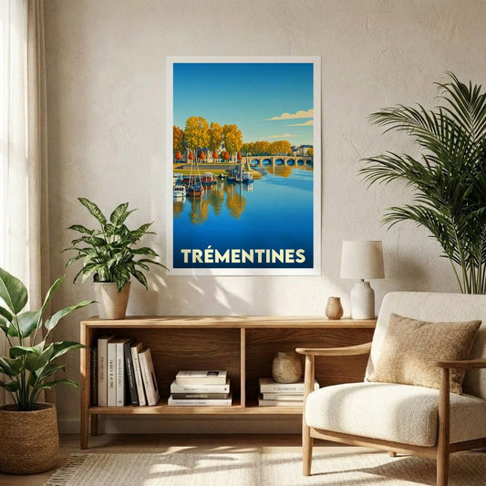 Affiche souvenir de la ville de Trémentines illustrant un paysage fluvial paisible avec des bateaux et un pont.