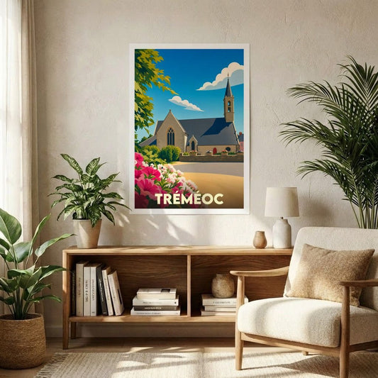 Affiche souvenir de la ville de Tréméoc représentant son église et des fleurs colorées dans un style graphique épuré.