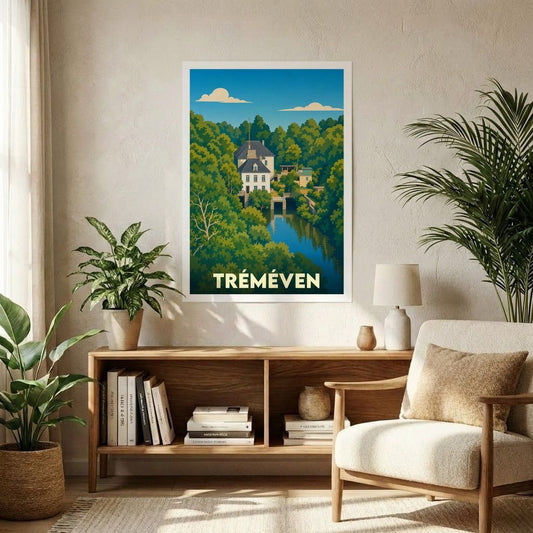 Affiche souvenir de la ville de Tréméven présentant une illustration stylisée d'une demeure au bord de l'eau.