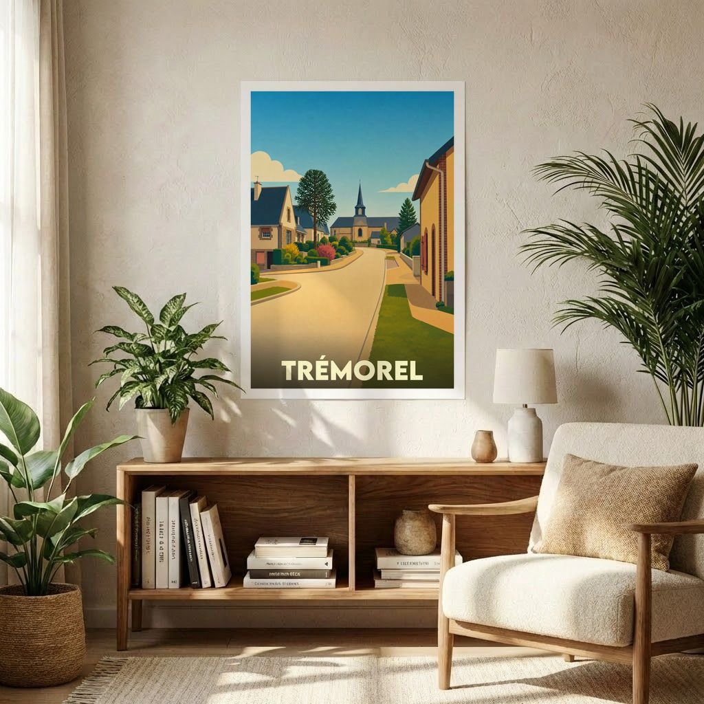 Affiche souvenir de la ville de Trémorel avec une illustration stylisée d'une rue menant à son église.