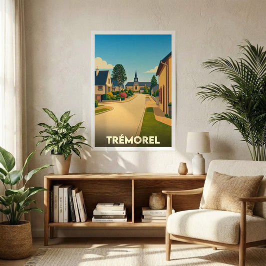 Affiche souvenir de la ville de Trémorel avec une illustration stylisée d'une rue menant à son église.