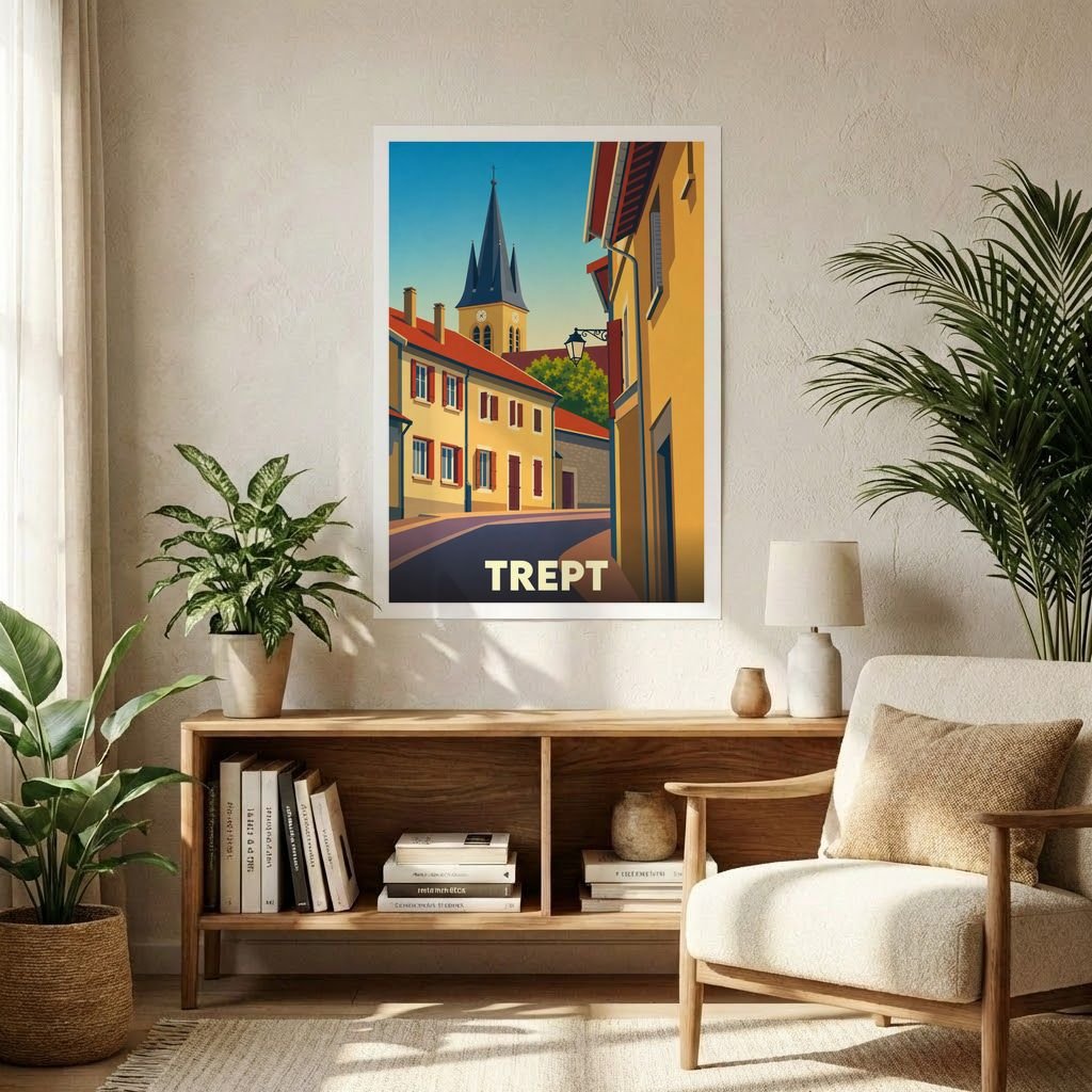 Affiche souvenir de la ville de Trept avec une illustration stylisée d'une rue menant au clocher de l'église.
