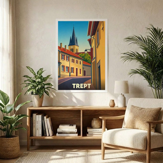 Affiche souvenir de la ville de Trept avec une illustration stylisée d'une rue menant au clocher de l'église.