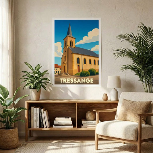 Affiche souvenir de la ville de Tressange présentant une illustration stylisée de son église sous un ciel azur.