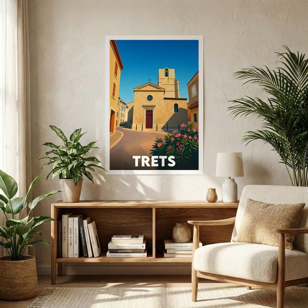 Affiche souvenir de la ville de Trets avec une illustration stylisée d'une église provençale sous un ciel bleu.