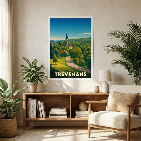 Affiche souvenir de la ville de Trévenans avec une illustration stylisée de son paysage vallonné et de son clocher.