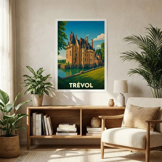 Affiche souvenir de la ville de Trévol représentant son château dans un style graphique rétro.