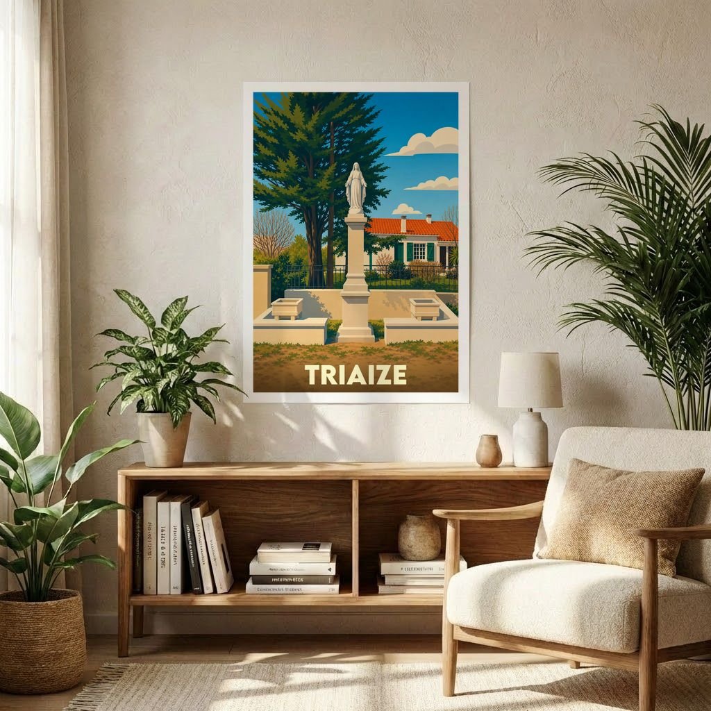 Affiche souvenir de la ville de Triaize avec une illustration stylisée d'une statue et d'un paysage local.
