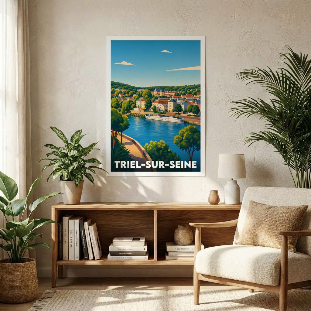 Affiche souvenir de la ville de Triel-sur-Seine avec une illustration stylisée.