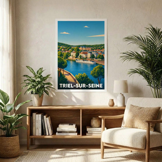 Affiche souvenir de la ville de Triel-sur-Seine avec une illustration stylisée.